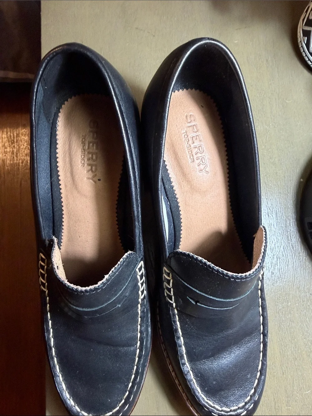 Sperry Black Leather Penny Loafers with Contrast Stitching